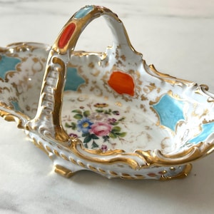 Small Vintage French Porcelain Basket Sugar Dish or Sweetmeat Server