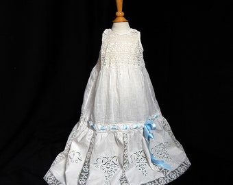 French Vintage Christening Petticoat with Embroidery and Crocheted Lace