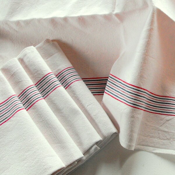 French Vintage Kitchen Towel  Torchon with Red and Blue Stripes