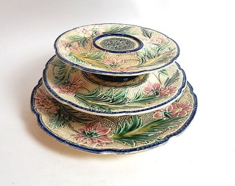 French Antique 3-Tiered Oyster Platter in Majolica from Wasmuel