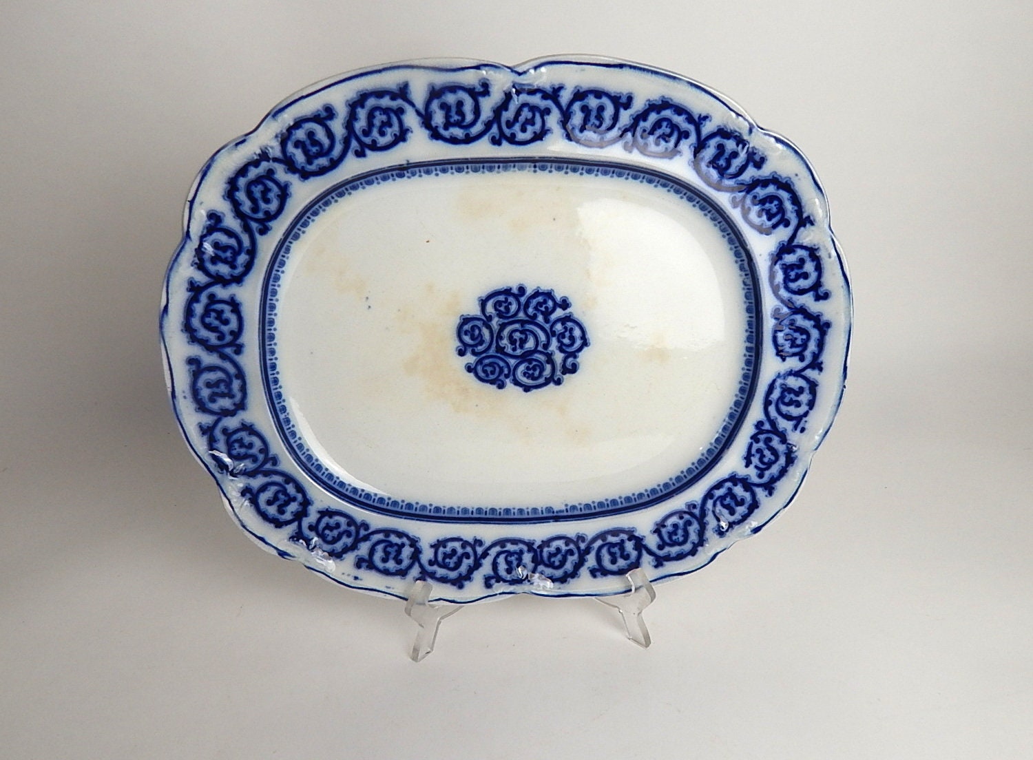 Antique Heavy English Flow Blue Platter Victorien 19Ème Siècle.