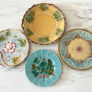 4 French Majolica Plates c.1890-1930 Hand Painted Decoration