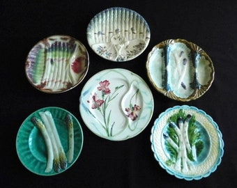 6 French Antique Asparagus Plates in Majolica...All Different!