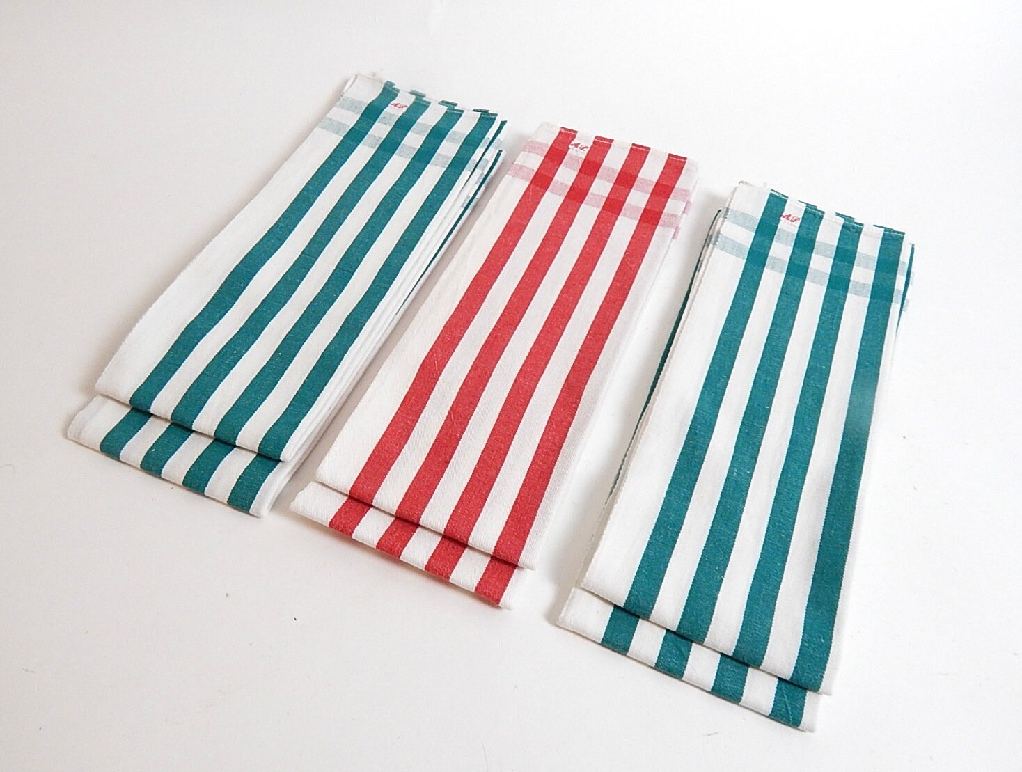 6 Torchons de Cuisine Vintage Français ou à Rayures Rouges et Vertes