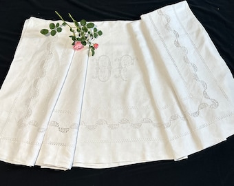 French Vintage Linen Sheet  King Size Fine Embroidery