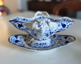 Antique French Porcelain Sauce Boat Blue 'Flora' pattern from Creil et Montereau