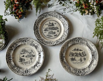 Peut inclure: Trois assiettes en céramique blanche avec des motifs noirs et blancs. Les assiettes présentent des motifs floraux complexes et des scènes de personnes et de bâtiments. Les assiettes sont parfaites pour être exposées sur une étagère ou utilisées comme accents décoratifs dans une maison.