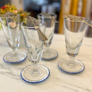 4 Vintage French Absinthe Glasses with Spoons and Saucers