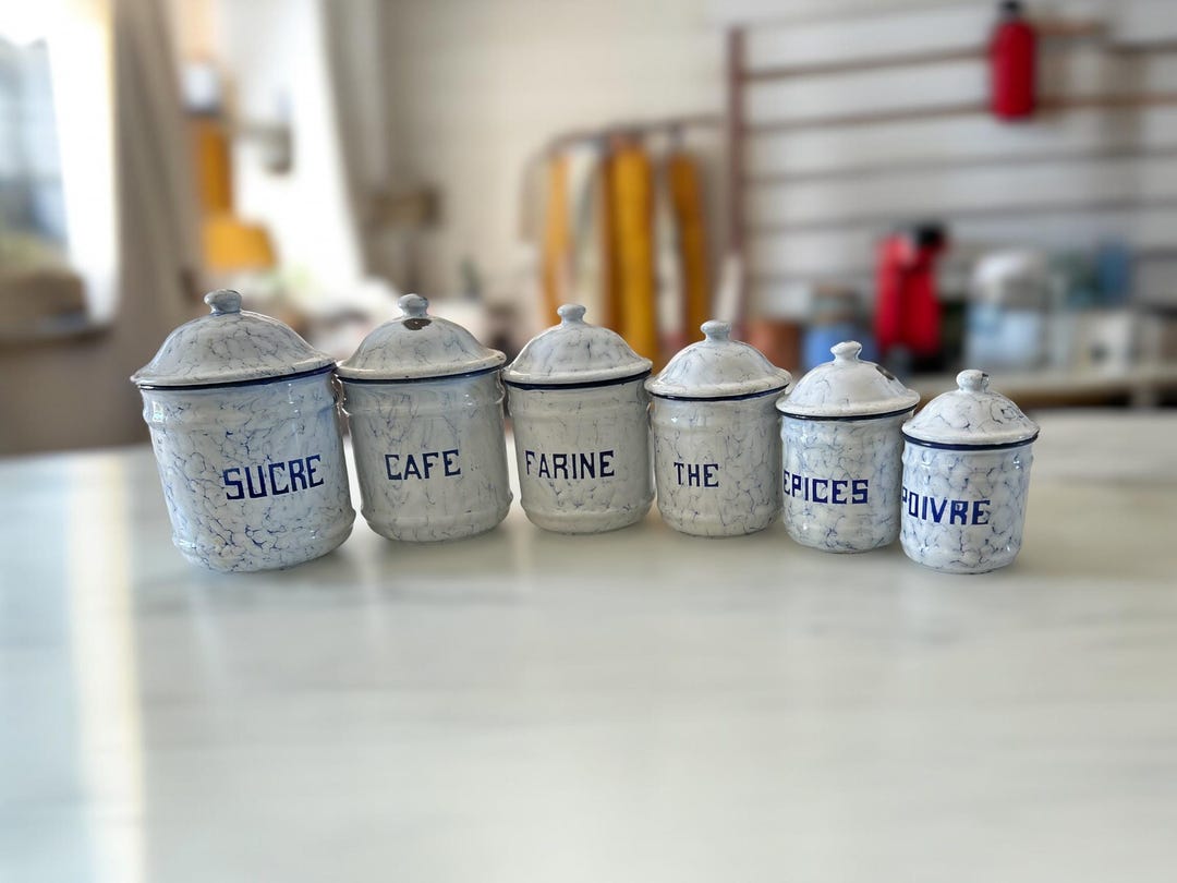 フランス製ヴィンテージ エナメルキャニスター 6個セット（蓋付き