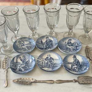 6  Vintage French Absinthe Glasses Heavy with Spoons and Saucers