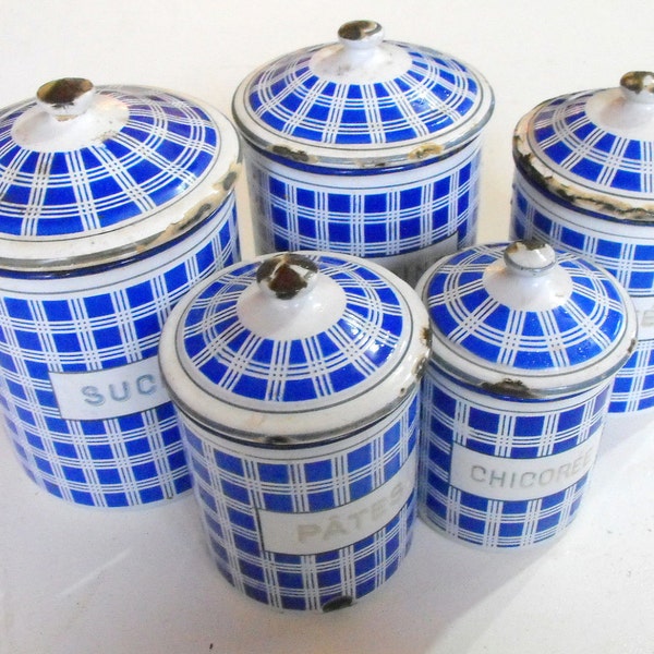 RESERVED FOR JODY 5 French Vintage Enamelware Cannisters Complete Set with Lids Blue and White
