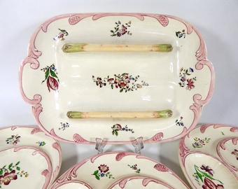 13 French Vintage Majolica Asparagus Plates and Server from Sarreguemines