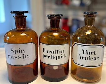 3 Vintage French  Glass Apothecary Bottles  w/ Original Stoppers
