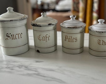 4 French Vintage Enamelware Canisters Set with Lids Cream and Gold