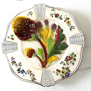 French Antique Artichoke or Asparagus Plate in Majolica Rare Colorway