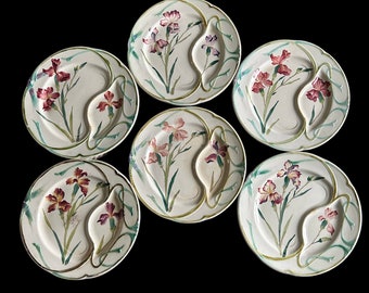 6 French Antique "Arte Nouveau" Asparagus Plates in Majolica by Longchamp...RARE