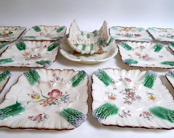 12  French Vintage Majolica Asparagus Plates and  Server from Longchamp