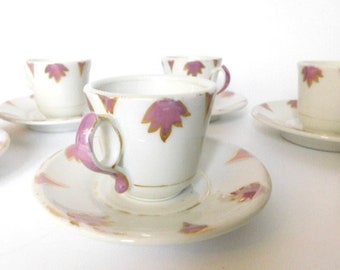 Set of 6  French Authentic Bistro  Cups with Saucers Brulots Hand Painted Decoration