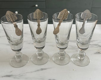 4 Vintage French Absinthe Glasses Heavy with Authentic Spoons