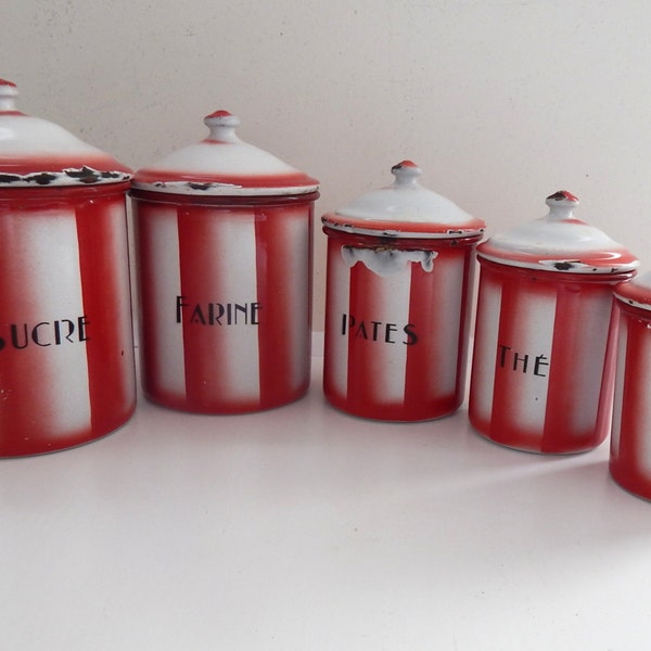 5 French Vintage Art Deco Enamelware Canisters Complete Set with Lids