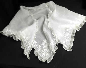 Antique 1800s French "Arlesienne' Hand Embroidered "Fichu" Wedding and Christening Shawl in Gossamer Cotton with Lace
