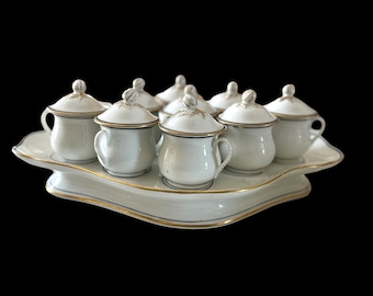 9 French Antique Porcelain Chocolate Pots on Server