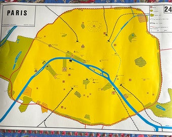 May include: A vintage map of Paris, France, with the city outlined in yellow. The Seine River is depicted in blue, and various landmarks are marked. The map includes the text "PARIS" at the top and is numbered "24".