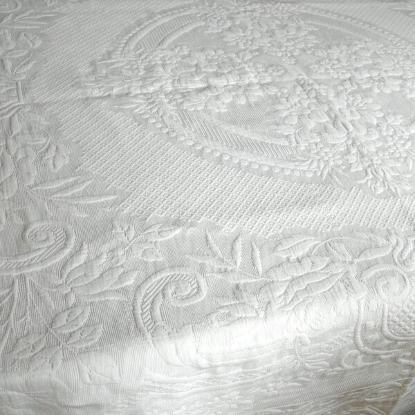Vintage French Coverlet  White French Pique Bedcover with Fine Crocheted Lace