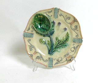 French Antique Artichoke or Asparagus Plate in Majolica