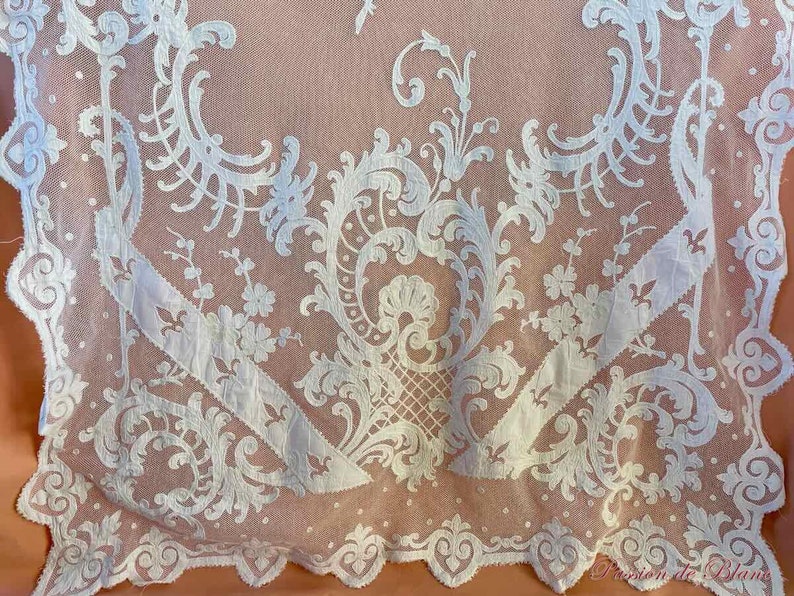 French Antique Curtain Panel with Hand Made Embroidery and Applique image 6
