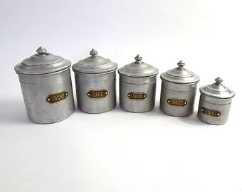 5 French Vintage Aluminum Canisters