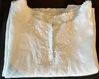 Vintage French Chemise Nightgown in Linen with Rich Hand Embroidery