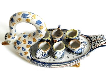 French Quimper Porcelain Egg Server Hand Painted Swan c1950