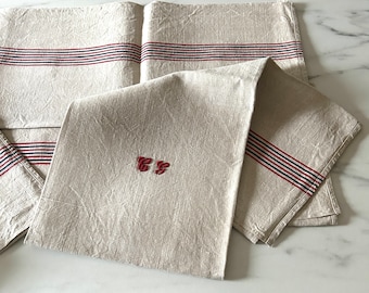 ONE Vintage French Kitchen Towel or Torchon with Red and Blue Stripes on Linen