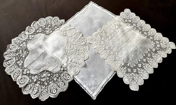 3 Handkerchiefs French Vintage with Monograms and Handmade Lace