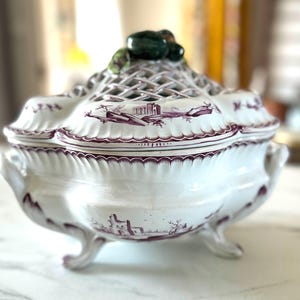 French  Soup Tureen Traditional  Hand Painted Decoration Maker &#39;Veuve Perrin&quot;