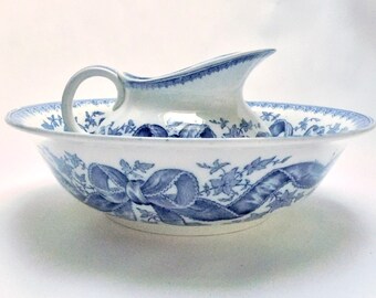 Antique French Porcelain Pitcher and Basin Blue and Cream Transferware