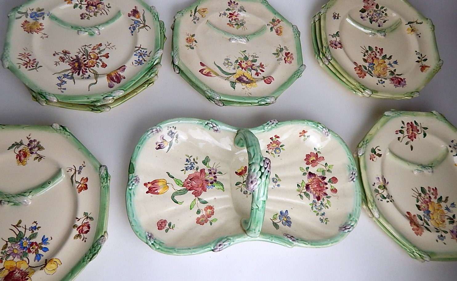 Français Service d'asperges Majoliques Vintage avec 12 Assiettes de Longchamp