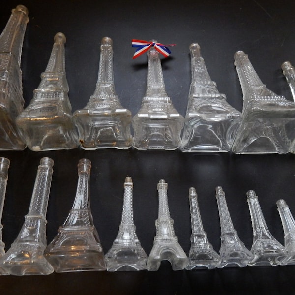 17 Eiffel Tower Bottles in Graduated Sizes ALL DIFFRENT from 18" to 4 1/4"