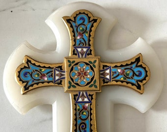 Antique French Cloisonne Cross and Benitier Mounted on White Alabaster and Brass