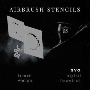 Puede incluir: Imagen que presenta plantillas de aerógrafo con el texto "AIRBRUSH STENCILS". Las plantillas incluyen diseños de una luna creciente, estrellas y una serpiente. También están presentes las palabras "Lunaris Venom" y "SVG Digital Download".