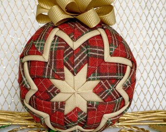 Quilted Christmas ornament, rustic fabric plaid Christmas tree ornament