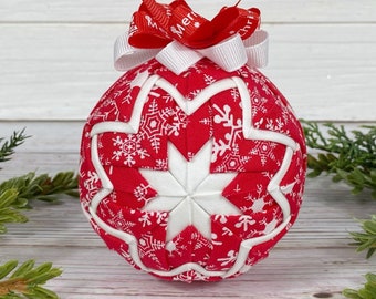 Handmade Quilted Christmas Ornament , fabric Snowflake ornament, Snowflake Christmas ornament decoration, red and white Christmas