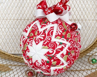 Quilted Christmas ornament, handmade fabric Red and White Christmas ornament