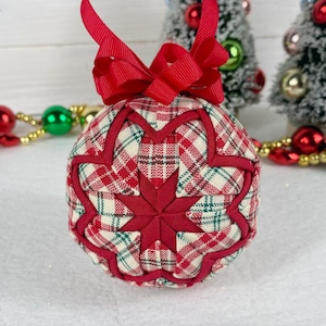 Quilted fabric Christmas ornament, holiday plaid decorations, handmade ornaments, Classic Christmas decor