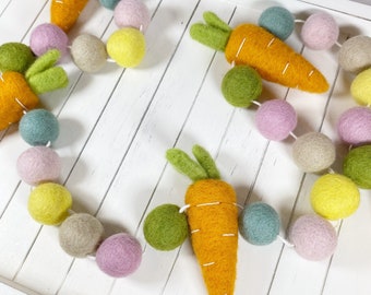 Easter Garland, Sprjng felt Garland, Carrot decorations, felt Pom garland, farmhouse Easter decor, Easter mantle decor