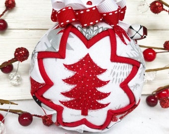 Quilted Christmas ornaments, red and white Christmas ornament, Christmas tree decor, modern holiday decor