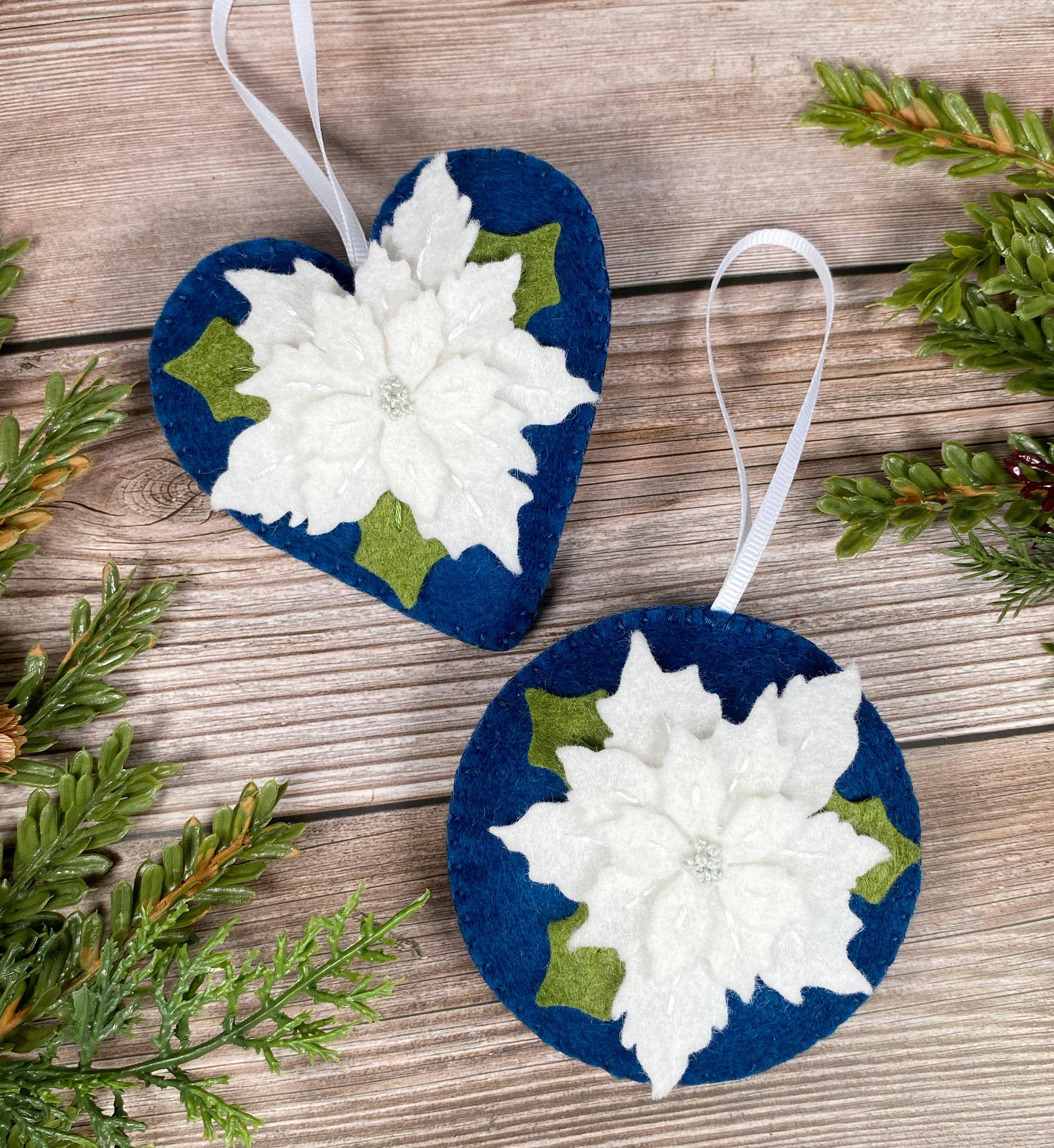 Christmas poinsettia ornaments, felt poinsettia ornaments, white poinsettia decor, felt Christmas ornaments, Felt Christmas flowers