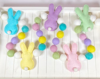 Bunny garland, felt Easter Garland, Spring Garland, pastel bunny decorations, pom felt garland, Easter mantle decor