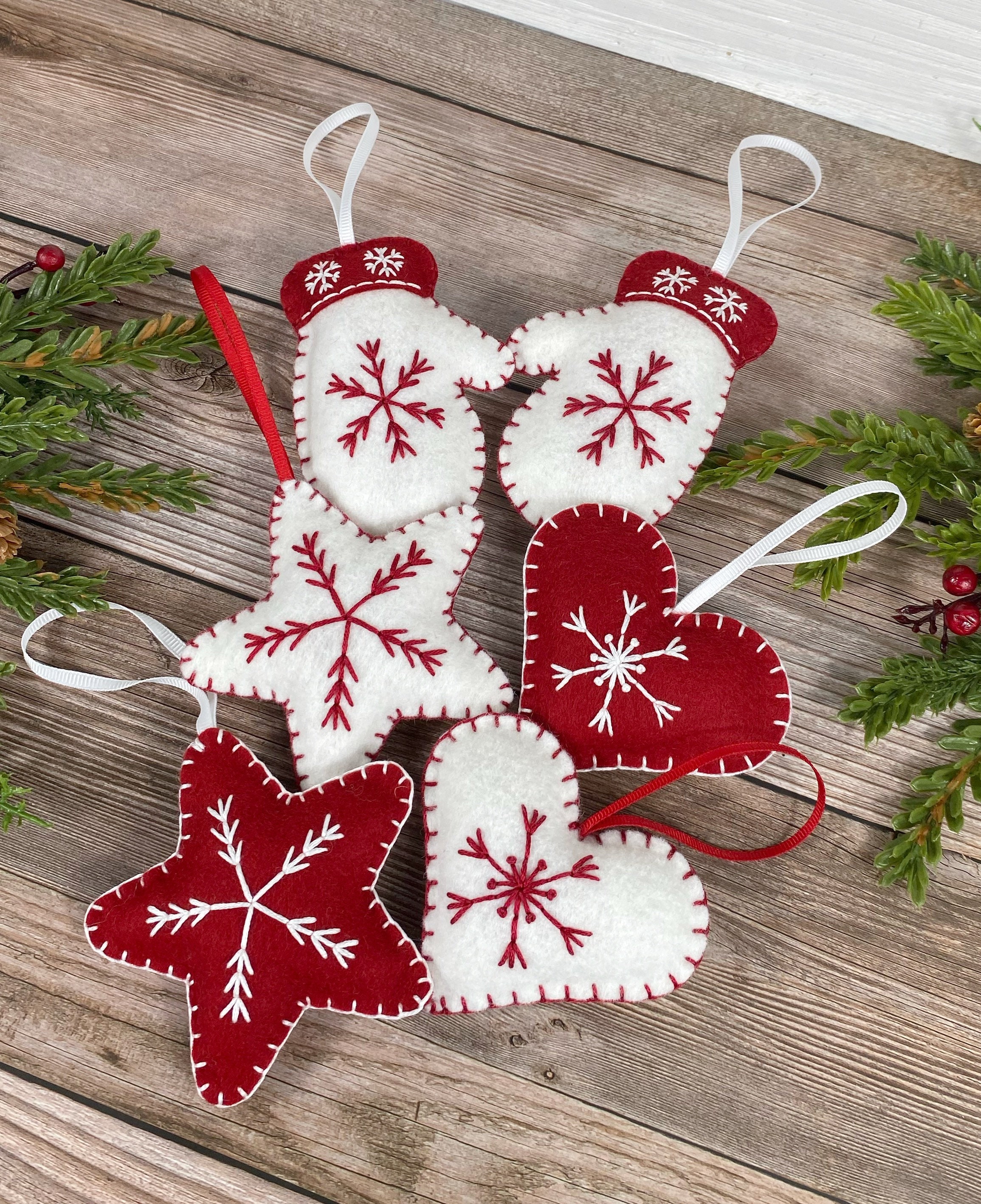 Embroidered Holiday Felt Ornaments - Red/Natural (Set of 6)